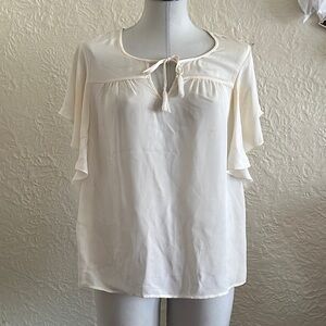 Joie Ivory Cream Ruffle Sleeve Keyhole Tassel Silk Blouse Top Shirt Medium
